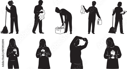 Cleaning and household chores in black silhouette style