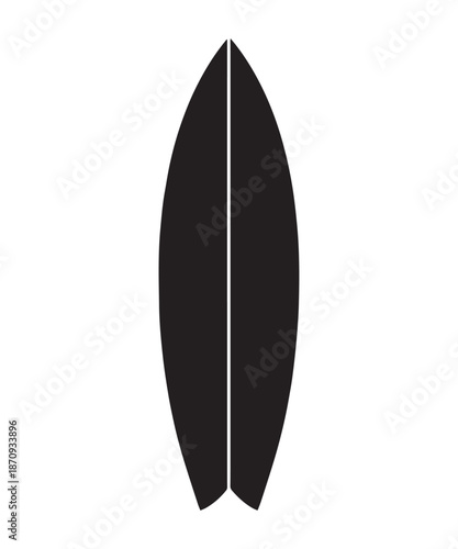 Black silhouette of a surfboard on a white background, symbolizing surfing and ocean sports.