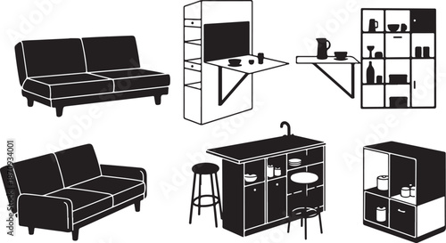 Modern furniture line art illustrations set