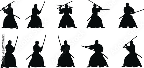 Set of samurai warrior silhouettes, Japanese kendo martial arts fighters with katana swords in various action poses, traditional bushido combat positions on white background.