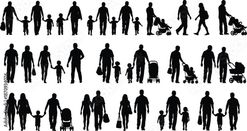 Set of family silhouettes with parents walking children, people with strollers, fathers holding hands with kids, mothers and couples in flat black vector design