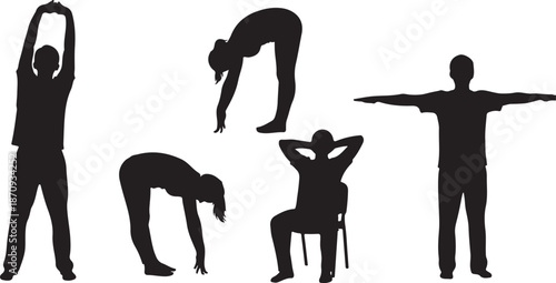Silhouettes of people stretching and exercising