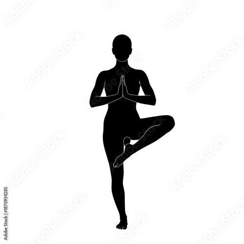 Silhouette of a woman in tree yoga pose against white backdrop.