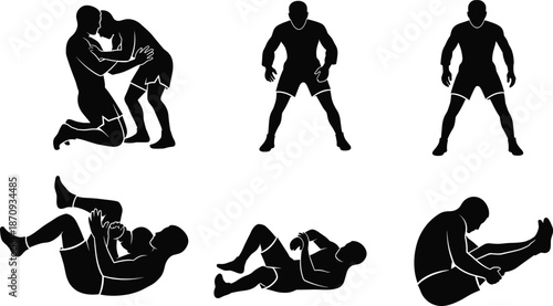 Wrestling and grappling silhouettes set featuring fighters in combat stances, ground positions, takedown maneuvers, and Brazilian Jiu Jitsu guard transitions for sports design.