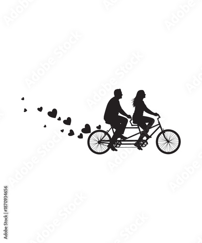 Couple silhouettes on a tandem bicycle with hearts floating away, symbolizing love and romance.