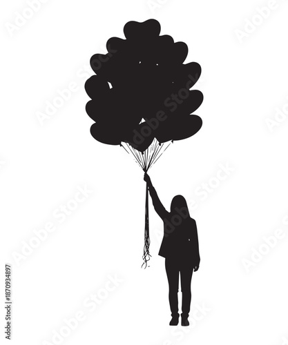 Silhouette of a person holding a large bunch of heart-shaped balloons, conveying joy and celebration.