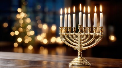 Golden menorah with lit candles, celebrating hanukkah against a blurred background of festive lights ornaments and christmas