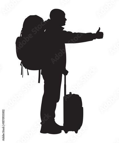 Silhouette of a traveler with a large backpack and suitcase hitchhiking with a thumb up.
