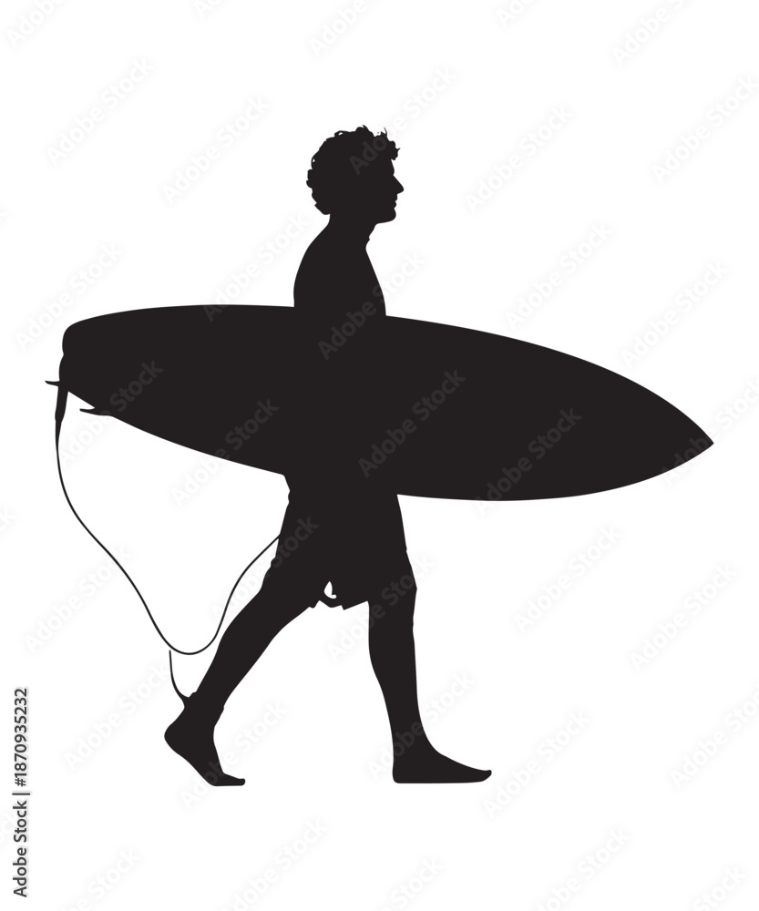 Fototapeta premium Silhouette of a surfer walking with a surfboard under his arm on a beach.