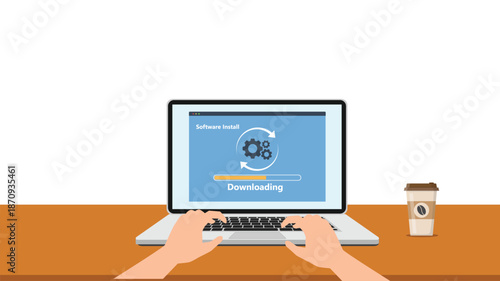 downloadig loading laptop page screen office room software download page hand typing laptop me 