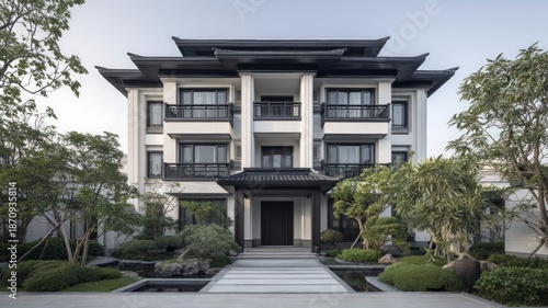 Wallpaper Mural Contemporary mansion with clean lines and dark accents, surrounded by well-manicured greenery. Warm lights highlight architecture against dim sky. Crisp evening ambiance. Neural network AI generated Torontodigital.ca