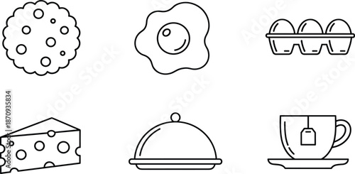 Linear vector illustration set of breakfast food icons featuring cookie, fried egg, cheese, serving cloche, egg carton, and tea cup.