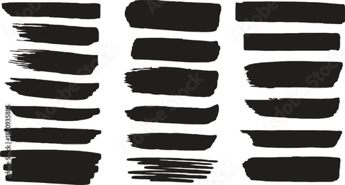 Set of vector paint brush stroke, ink splash and grungy decoration elements. Freehand grunge brush illustration. Black watercolor splatter, texture, frame and abstract background