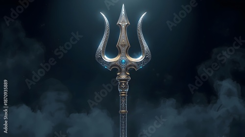 A stylish and sacred Lord Shiva Trishul (trident) weapon standing majestically in a dark cosmic environment