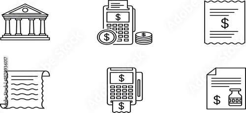 Financial And Banking Line Icon Set Featuring Bank Building, POS Payment Terminal, Receipt Invoice, And Medical Bill Illustrations