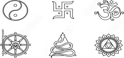 Religious And Spiritual Line Icon Set Featuring Yin Yang Om Swastika Dharma Wheel Snake And Chakra Symbols For Meditation Design