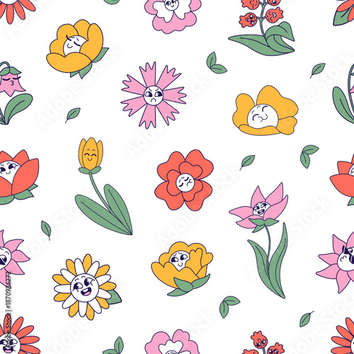 Repeatable pattern of abstract groovy flowers with different emotions in retro style. Endless background of funky wildflowers with happy, sad and smiling faces. Flat seamless vector illustration