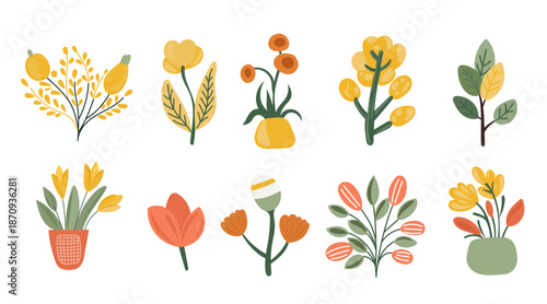 Doodle Hand Drawn Flower Set. Cartoon Cute Simple Childish Floral Element Collection. Mother's Day or Woman Day Greeting Card Design Decoration Part.