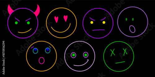Funny Retro Neon Outline Characters Face Bundle. Simple Childish Cartoon Line Face Expression Icon Collection. Childish School Birthday Party card or Invitation Decoration Set