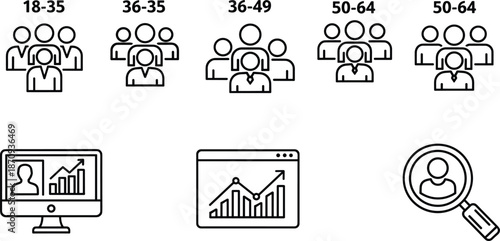 Demographics and Data Analysis Line Art Icon Set Featuring Age Group Segments User Research Analytics Graphs and Target Audience Discovery Tools