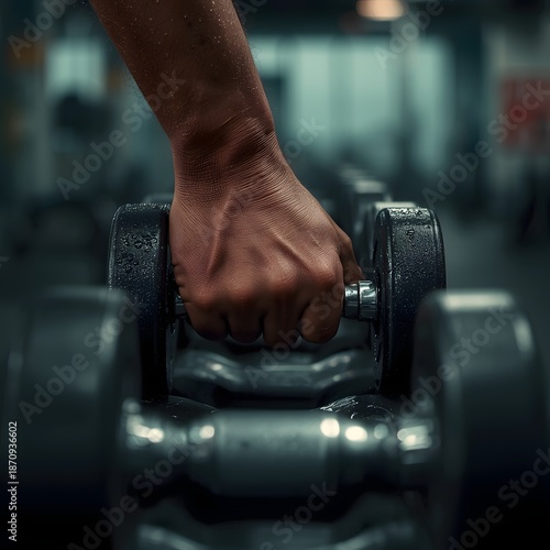 Close-up of a strong, athletic hand reaching for dumbbells neatly arranged in rows inside a modern gym