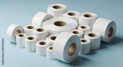 Multiple blank white label rolls on blue background