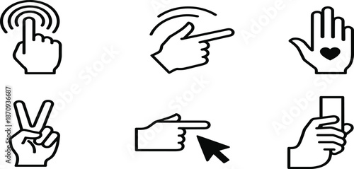 Hand Gestures Icon Set Featuring Click Swipe Peace Sign Heart Palm Pointing Cursor and Smartphone Interaction Line Art Vector Illustrations