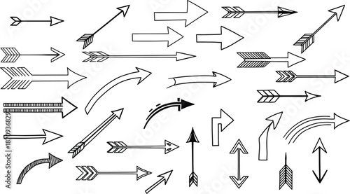 hand drawn doodle arrows and abstract shapes set vector illustration. Multicolor sketch lines, curves, stars and swirls isolated