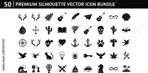 50 premium silhouette vector icon bundle, minimal black symbols collection with nature objects animals abstract shapes for logos, branding, web, and UI design