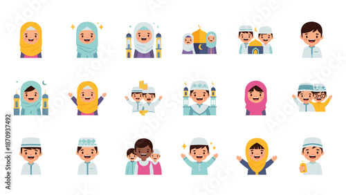 Eid mubarak vector with muslim kids. Happy Eid Mubarak. Muslim Kid Celebrating Eid Mubarak. religious holiday is celebrated by Muslims, Islamic holidays Greeting card. Eid Mubarak Urdu Calligraphy.