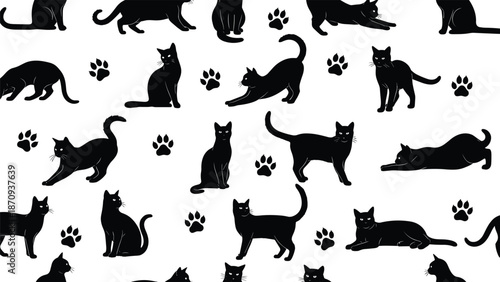 Black cat silhouette seamless pattern vector, playful feline poses with paw prints for pet backgrounds wallpapers fabrics modern design branding wrapping paper