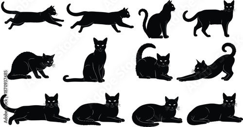 Black cat silhouette vector collection, multiple feline poses for halloween themes, pet illustrations, logos, icons, branding, minimal flat design set