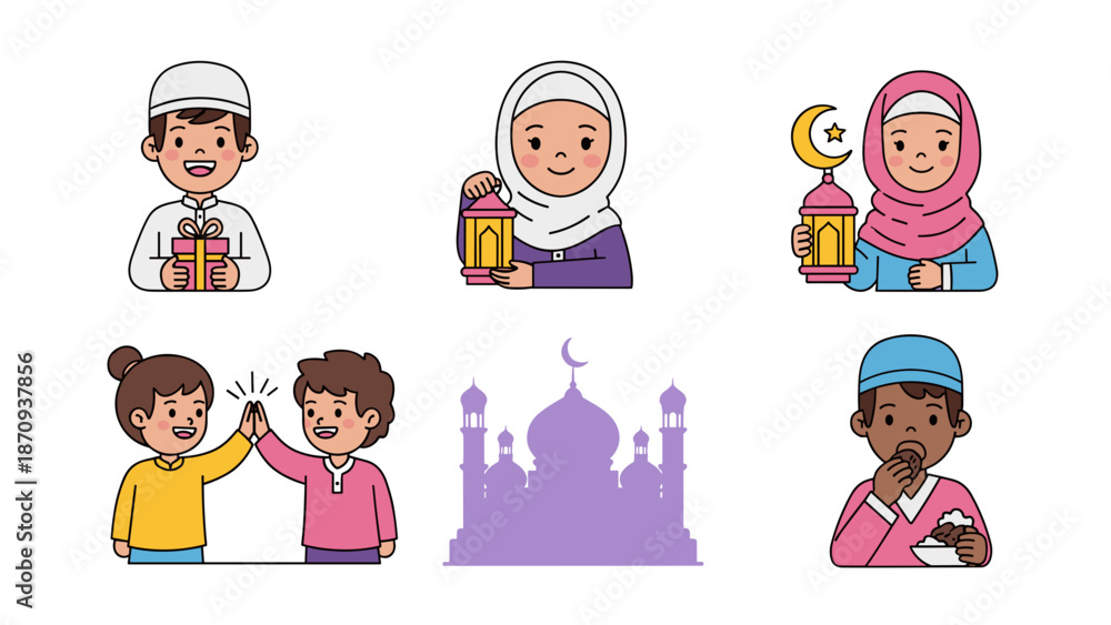 Fototapeta premium Eid mubarak vector with muslim kids. Happy Eid Mubarak. Muslim Kid Celebrating Eid Mubarak. religious holiday is celebrated by Muslims, Islamic holidays Greeting card. Eid Mubarak Urdu Calligraphy.