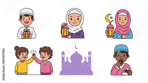 Eid mubarak vector with muslim kids. Happy Eid Mubarak. Muslim Kid Celebrating Eid Mubarak. religious holiday is celebrated by Muslims, Islamic holidays Greeting card. Eid Mubarak Urdu Calligraphy.