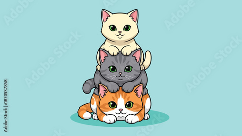 Adorable cartoon cats stacked in a playful pyramid.