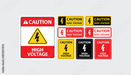 High voltage caution warning labels with lightning bolt icons are displayed in multiple color variation on a light background, designed for electrical safety signage, industrial use, training material