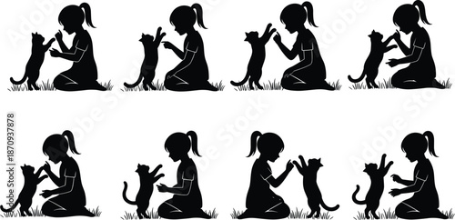 Girl playing with cat silhouette vector set, child pet interaction scenes for love, care, friendship themes, minimal flat design illustration