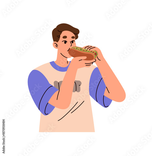 Hungry boy eats hot dog. Teen guy holds and bites hotdog. Young man tastes street snack. Person with tasty fast food, takeaway fastfood. Flat isolated vector illustration on white background