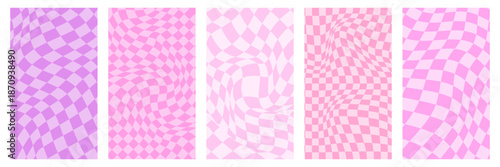 A hippie grid with a wavy swirl. Distorted pink backgrounds with a groove-inspired psychedelic checkerboard of vibrant colors.Retro Y2K aesthetics for abstract posters, covers, textiles,and web design