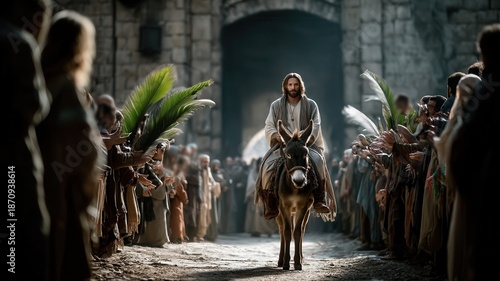 Jesus riding a donkey during entry into jerusalem, surrounded by people holding palm palm branches, celebrating sunday
