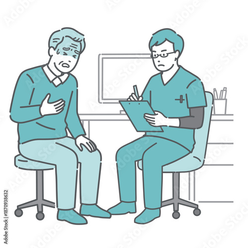 体調不良を訴える高齢男性と男性医師（スクラブ・救急・循環器）