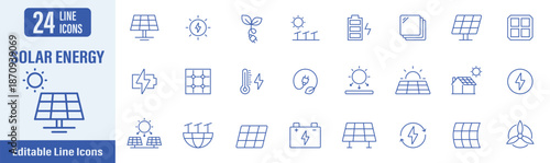 Solar Energy web icons in line style. Contains icons as panel, solar energy, solar panel, renewable, net zero, EV charging, green energy, ecology and more. Vector illustration.