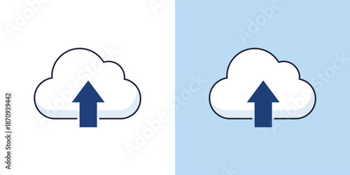 Cloud upload icons displayed on contrasting white and blue backgrounds, showcasing simple design elements and clear visual representation.