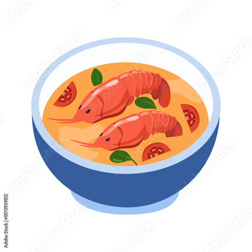 Tom Yum Kung Soup Vector. Traditional Thai spicy soup for restaurant menu.