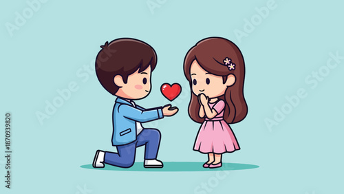 Cute cartoon couple in love man proposing to woman with heart romantic gesture