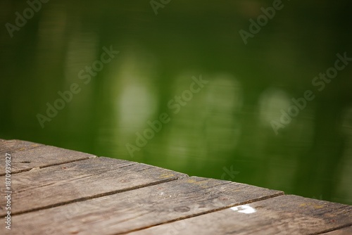 Calm wooden dock stretching into serene green waters on a peaceful day