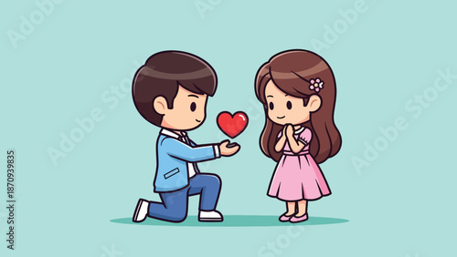 Cute cartoon couple in love man proposing to woman with heart.