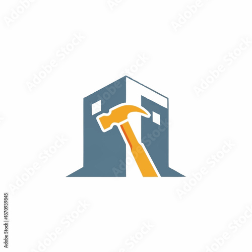 Hammer and building logo representing construction and repair services.