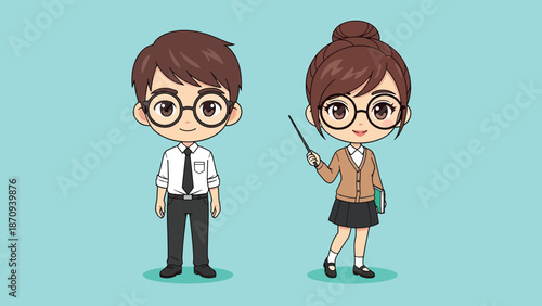 Cute cartoon illustration of a male and female teacher wearing glasses standing