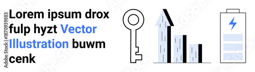 Business growth, energy efficiency, technology security, innovation, progress, renewable energy. Key, chart and battery icon with lightning bolt. Security and growth concept